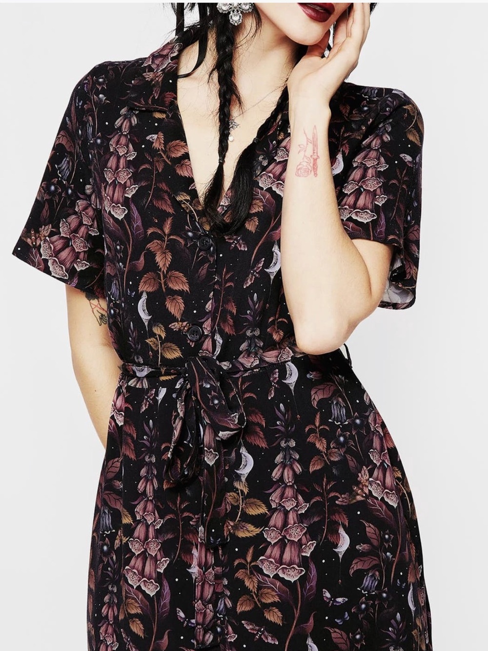 Disturbia Foxglove Midi Shirt Dress Size 8 Dark Floral Woodland Whimsical Print - Picture 5 of 14